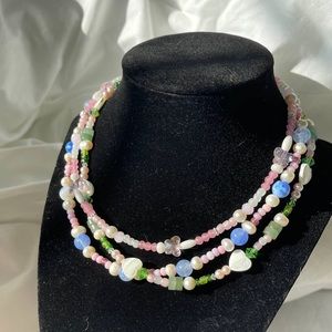 Genuine freshwater pearl crystal pink, green, and blue beaded necklaces